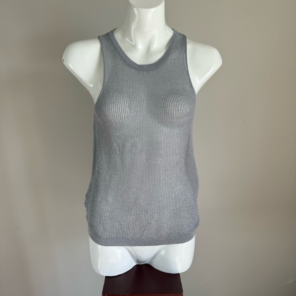 GEF France Silver Metallic Open Knit Tank Top Size L Y2K Coastal Chic trendy - Picture 3 of 8